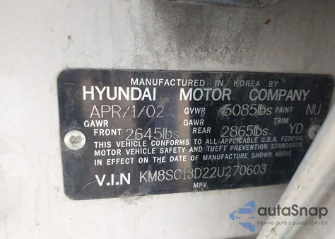 2002 Hyundai Santa Fe Gls/Lx из США, поврежденный, VIN KM8SC13D22U270603